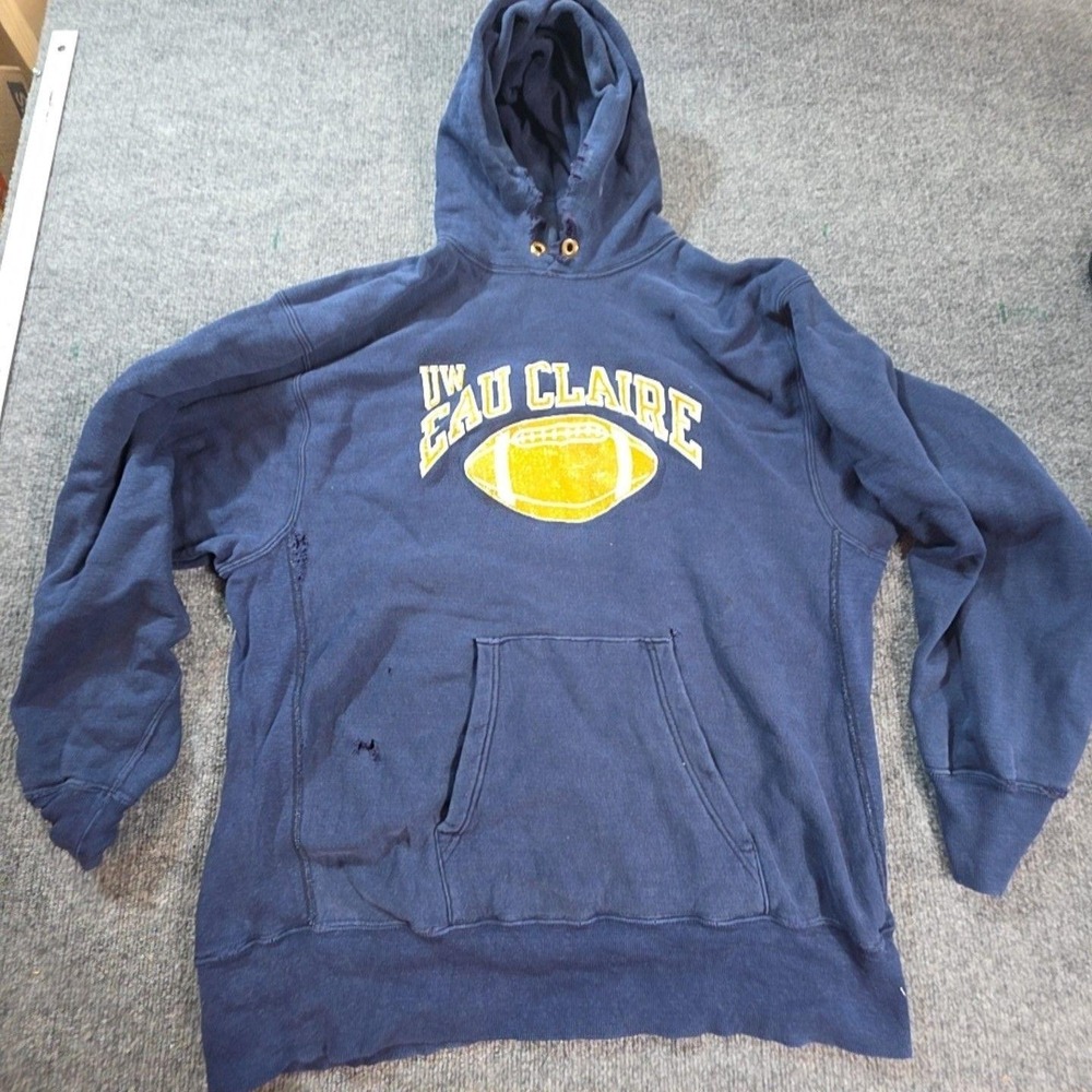 Vintage Champion Hoodie Mens XL Reverse Weave UW Eau Claire USA Navy Blue Fleece